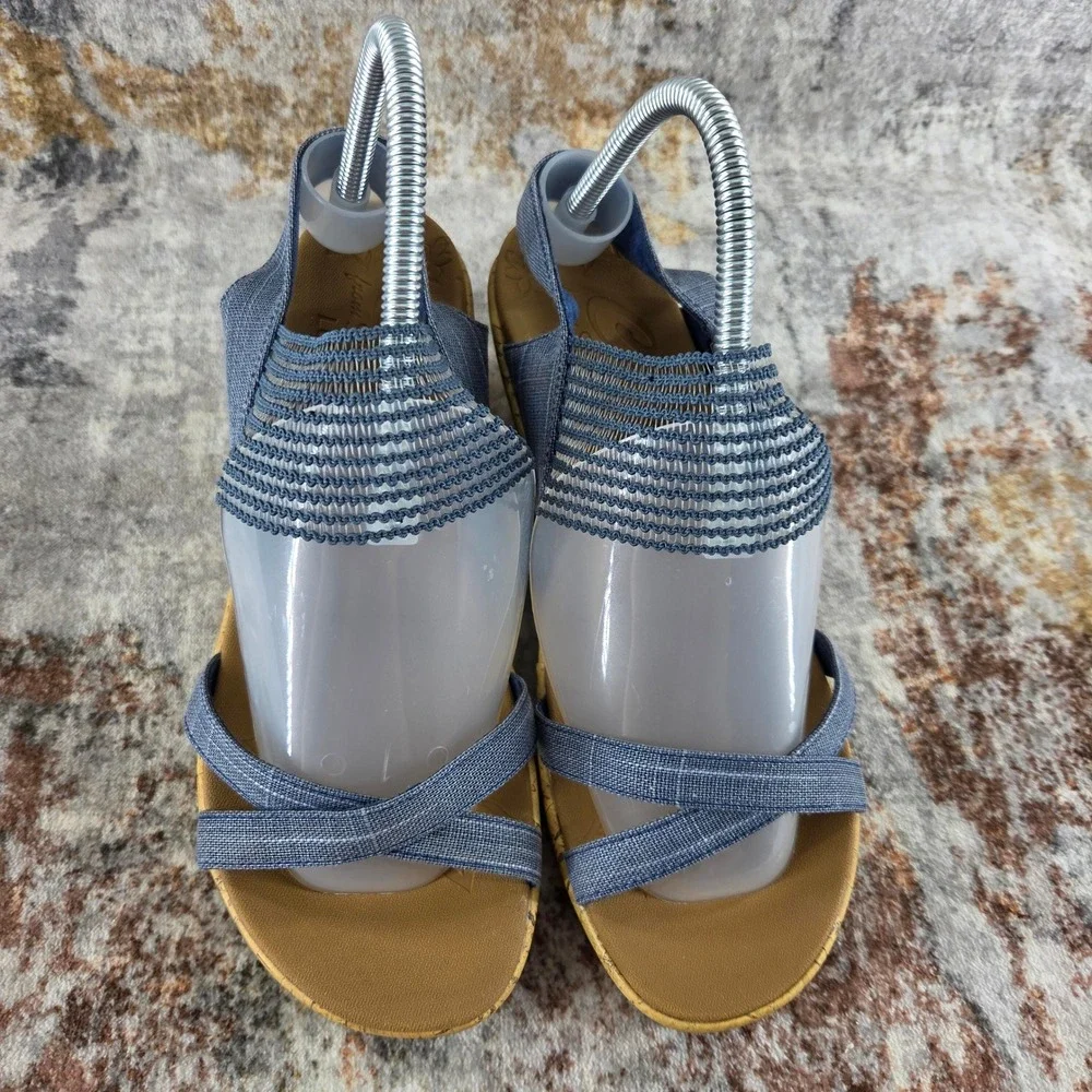 Skechers Beverlee High Tea Wedge Sandals Women 9.5 Blue Denim Elastic Strap Cork
